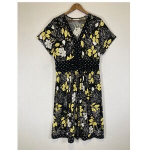 Floral Polka Dot Dressbarn Woman 18W Black Yellow Ruched Empire Waist Dress